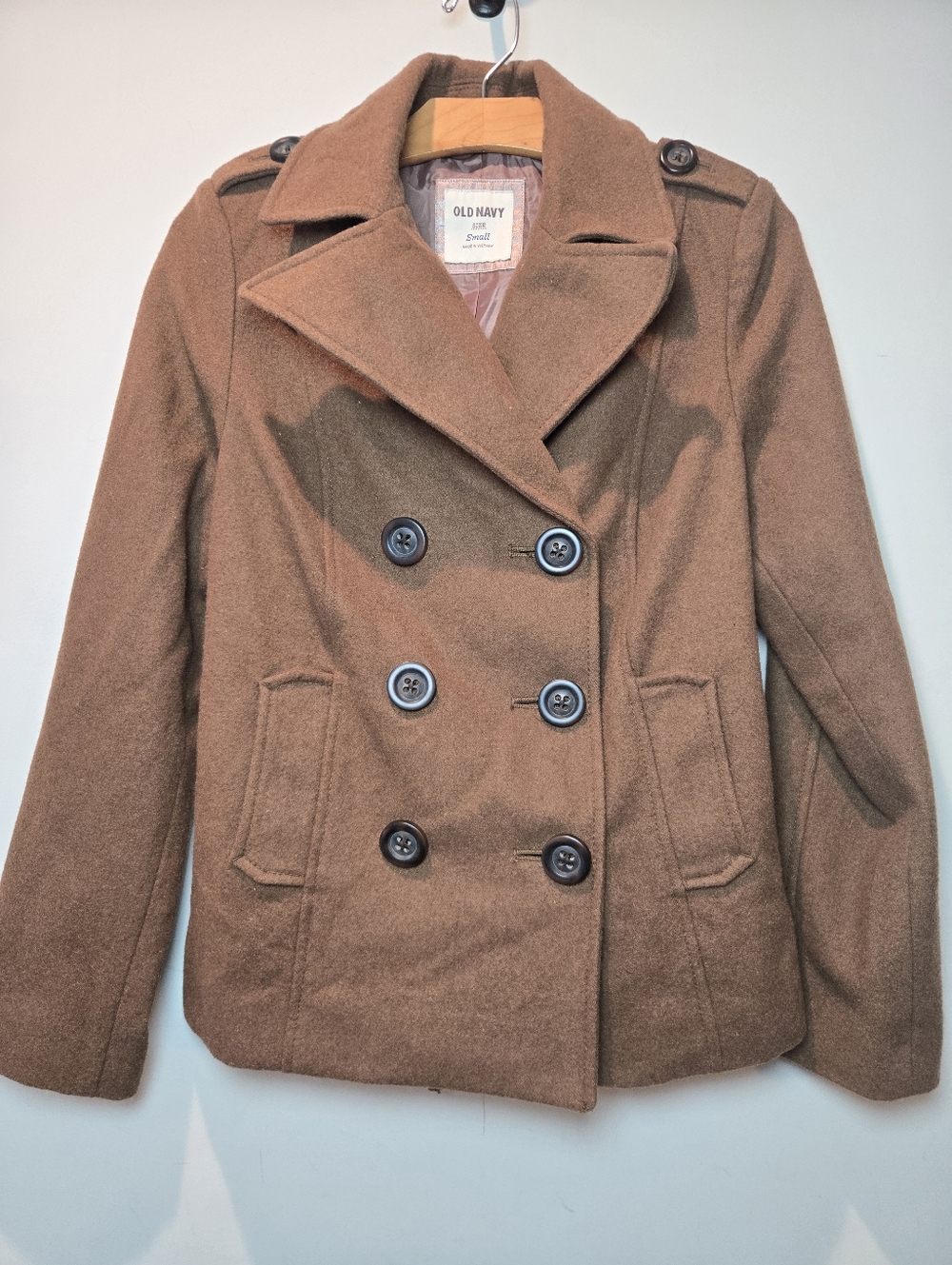 Old Navy Coat Small Women's Brown Wool Blend Double Breasted Pea Coat Trench Y2k